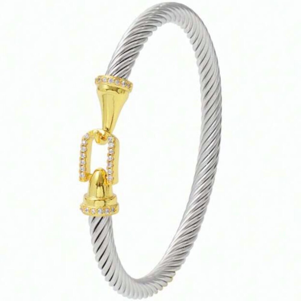 Elegant Stainless Steel Cable Bangle Bracelet Horseshoe Hook Closure CZ Accents